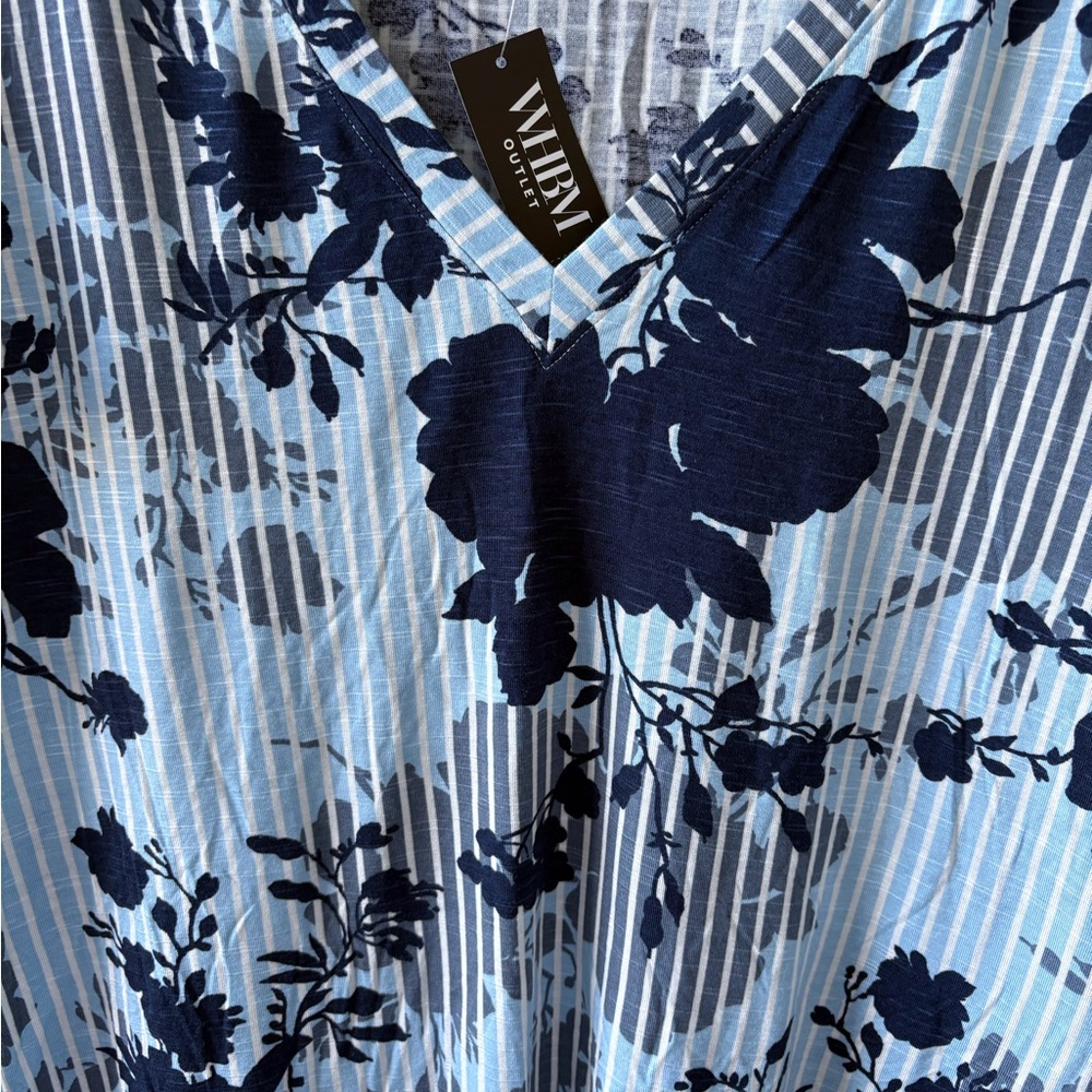 WHBM XL Floral V Neck Ruffle Short Sleeve NWT Blue Floral Stripe‎ Casual Travel - Picture 6 of 13